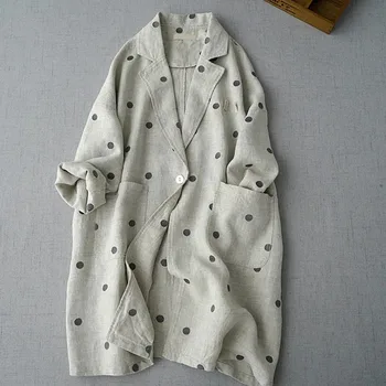 Women Cotton and Linen Polka Dot Long-sleeved Suit Jacket Autumn Korean Single Breasted Loose Oversized Cardigan Shirt Outwears