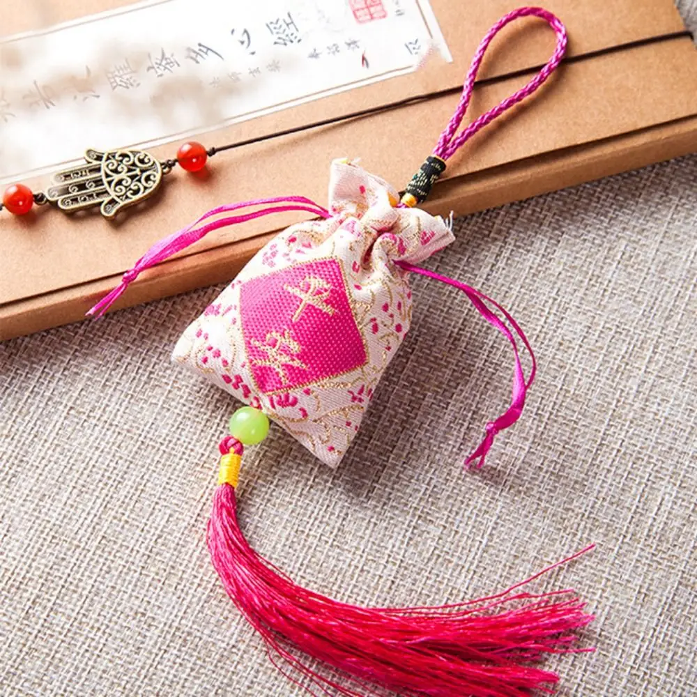 

Embroidery Flower Tassel Drawstring Bag Fu Letter Mini Coin Purse Canvas Ethnic Flower Handbag Attract Good Luck Korean Style