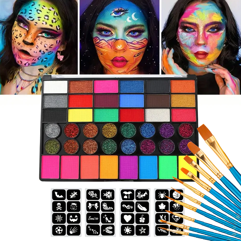 42 Colors Water Soluble Face Body Painting Set UV Neon Glitter Face Paint Art Halloween and Christmas Party Body Paint Makeup