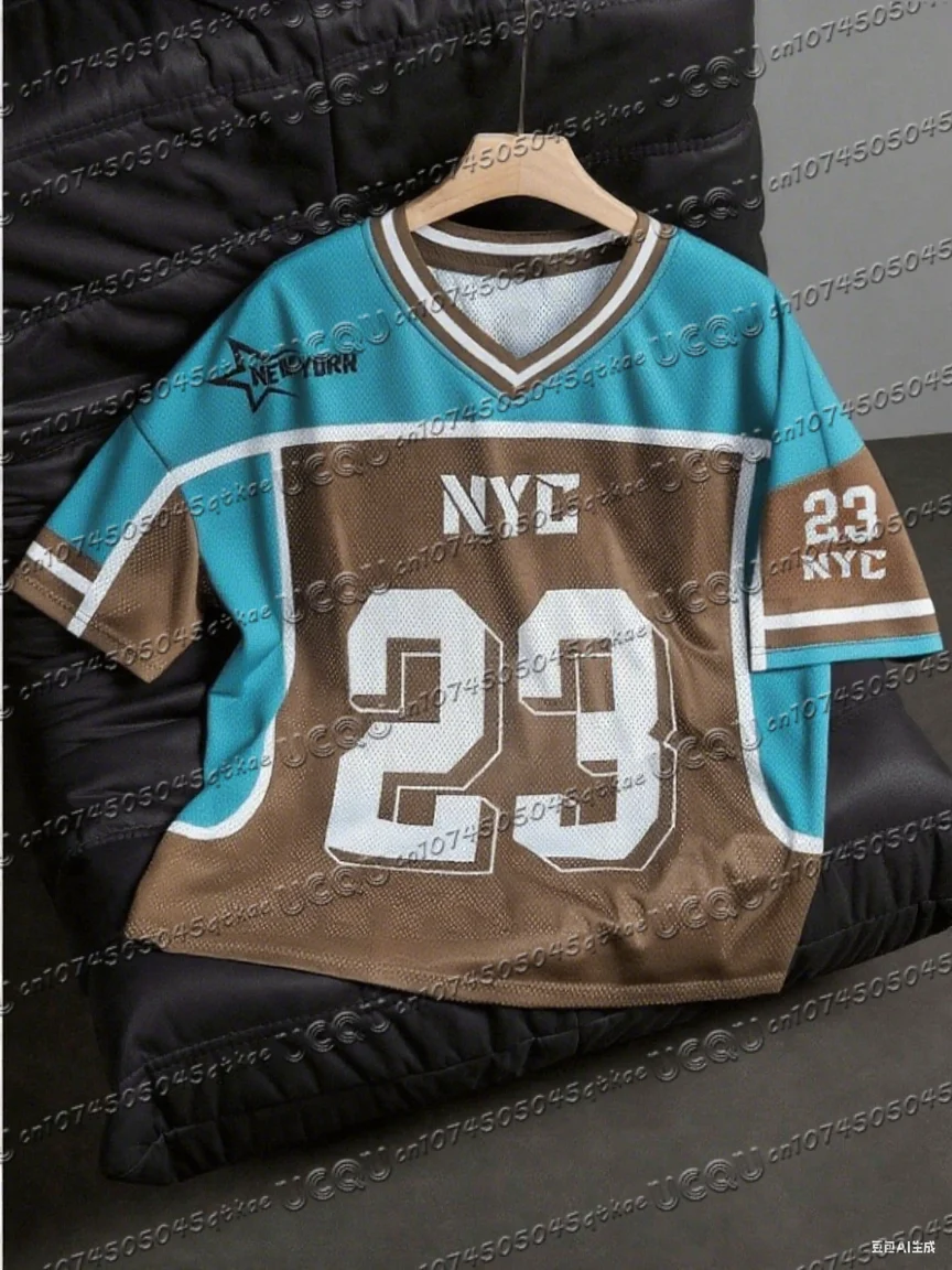 Women's V-Neck Sporty Jersey T-Shirt NEW YORK Print & NO.23 Summer Casual Wear Sports Dropped Shoulder Mesh T-shirt Tops