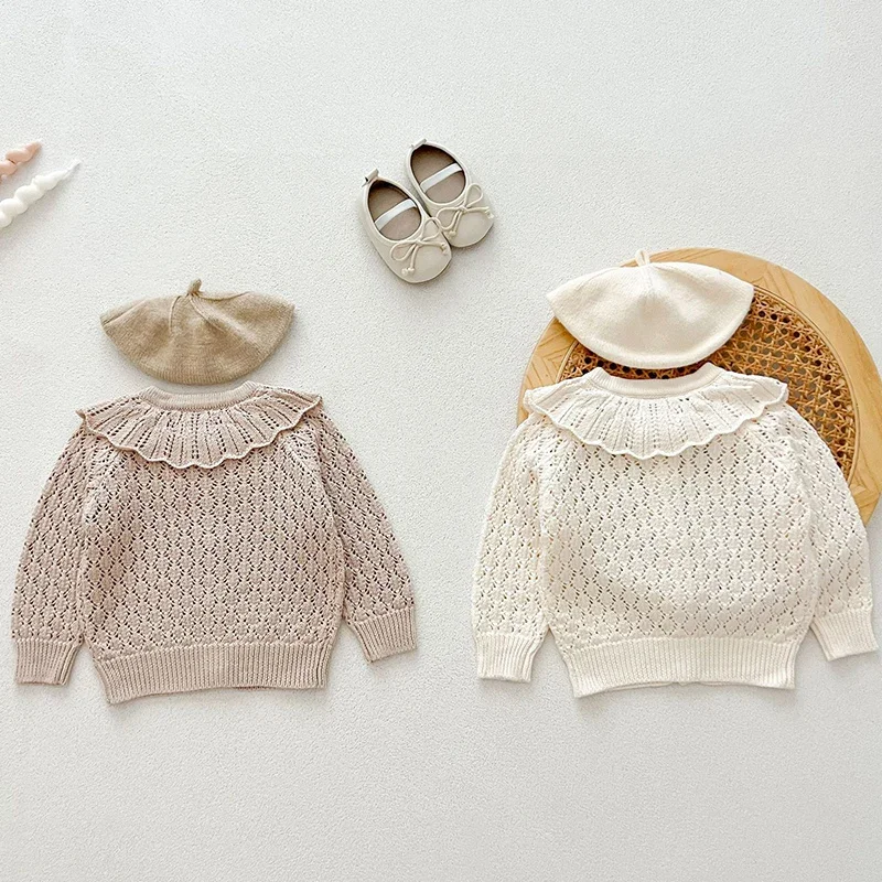 2024 New Autumn Newborn Baby Girls Sweater Coat Long Sleeved Solid Color Hollow Out Infant Baby Girls Knitting Cardigan Coat