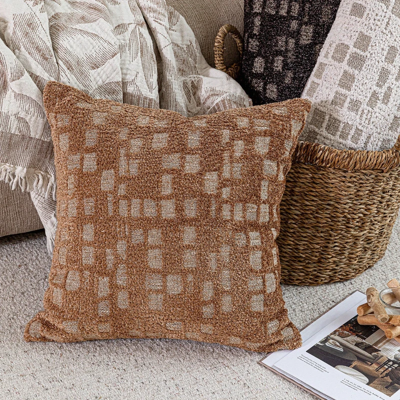 30X60/50X50CM Coffee Beige Throw Pillow Cover Cotton Linen Loop Stamping Waist Cushion Cover Decor Home Decorative Pillowcase