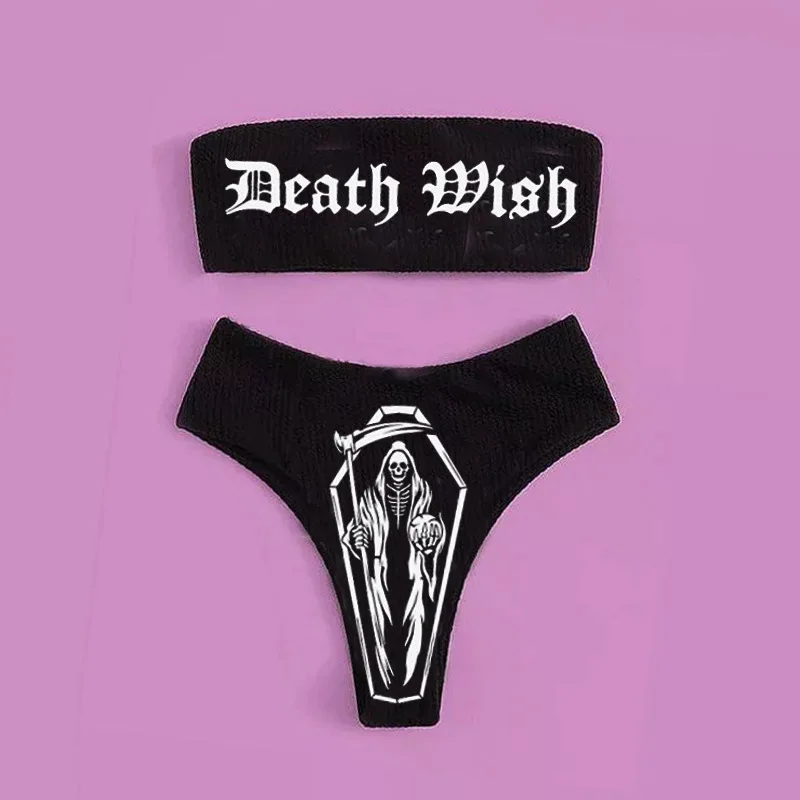 Sexy Goth Bikini 2023 Women Letters Skull Print Swimsuit Split Bathing Suit High Waist Gothic Bikinis Sets Beach Outfits