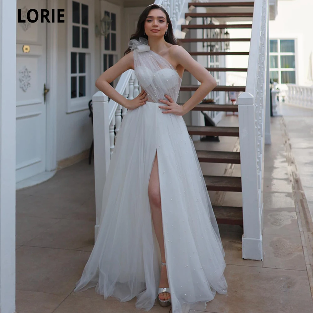 

LORIE Vintage One Shoulder Tulle A-line Prom Dresses Sexy Leg Slit Formal Occasion Dresses With Bow Pearls Vestidos De Gala