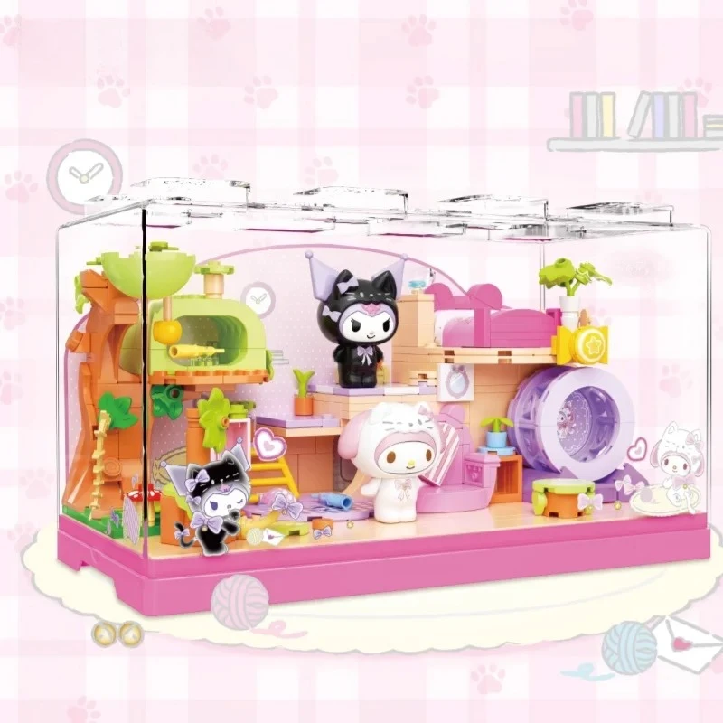 

Sanrio Family Assembles Building Blocks Meow Meow's Leisure Time My Melody Kuromi Toy Model Desktop Ornament Birthday Gift