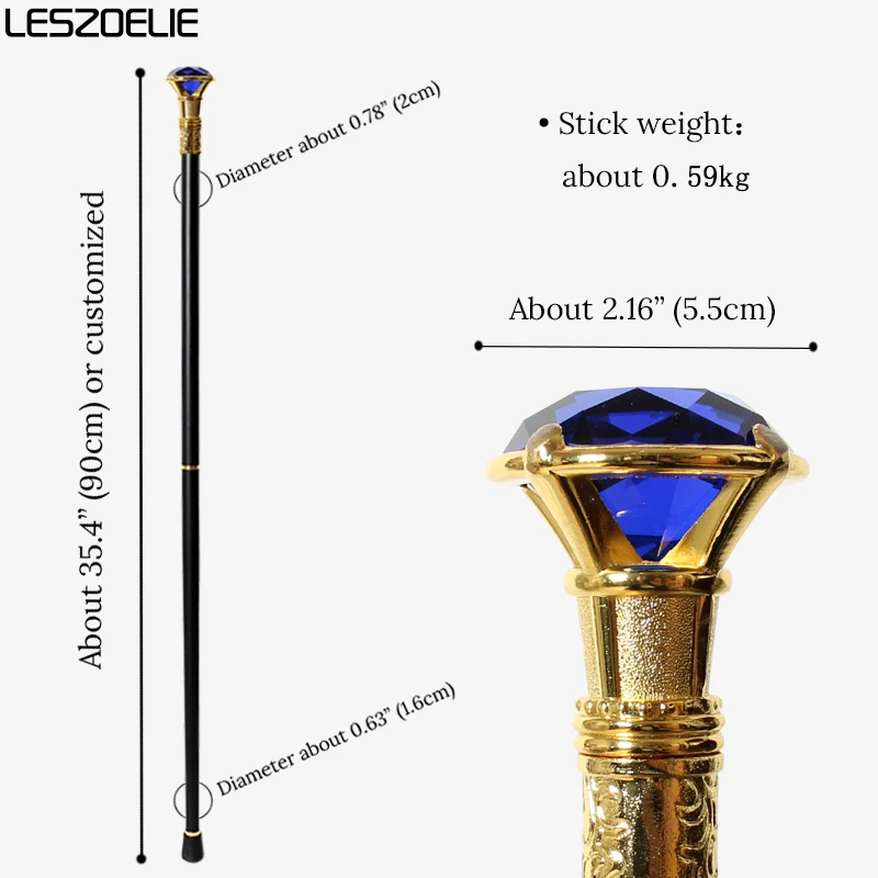 Декоративная трость с королевским синим бриллиантом 90 см и золотой ручкой, модные трости для мужчин и женщин для свадеб и праздничного декора