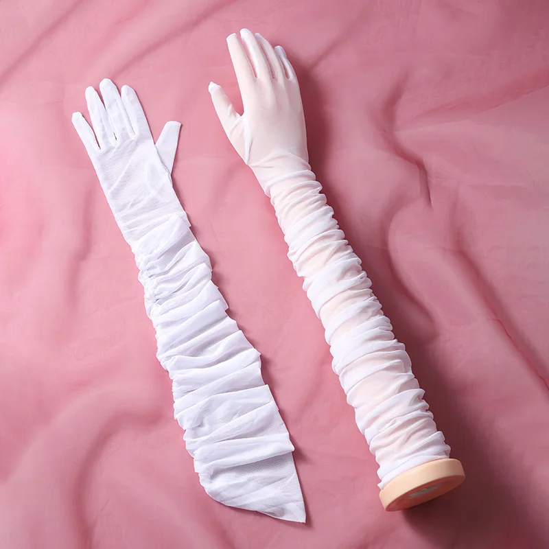 70CM Sexy Mesh Folds Ruffles Long Gloves Multicolored High Elasticity Elegant Women ’s Accessories Opera Bride Wedding