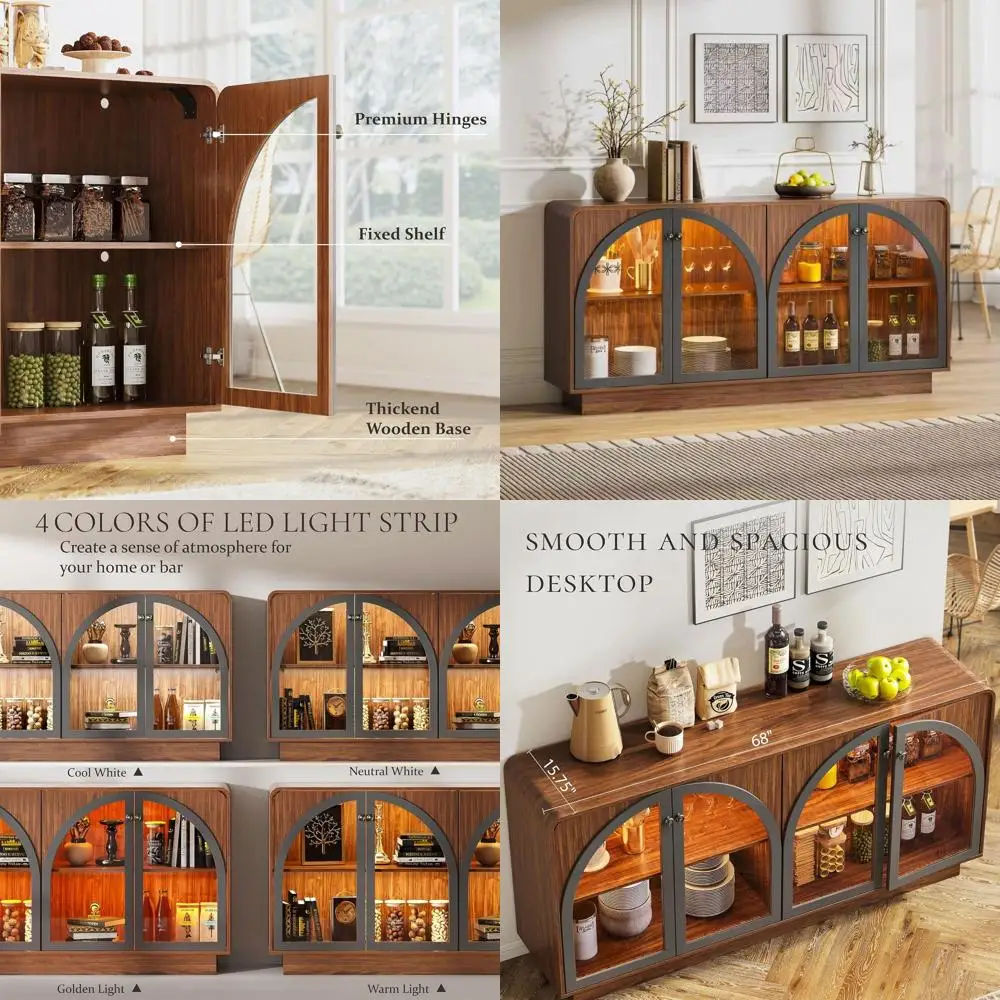 

68" Buffet Cabinet with Storage Sideboard Accent Modern Credenza with Arched Glass Doors & Shelves, Liquor Coffee Bar Cabinet W/
