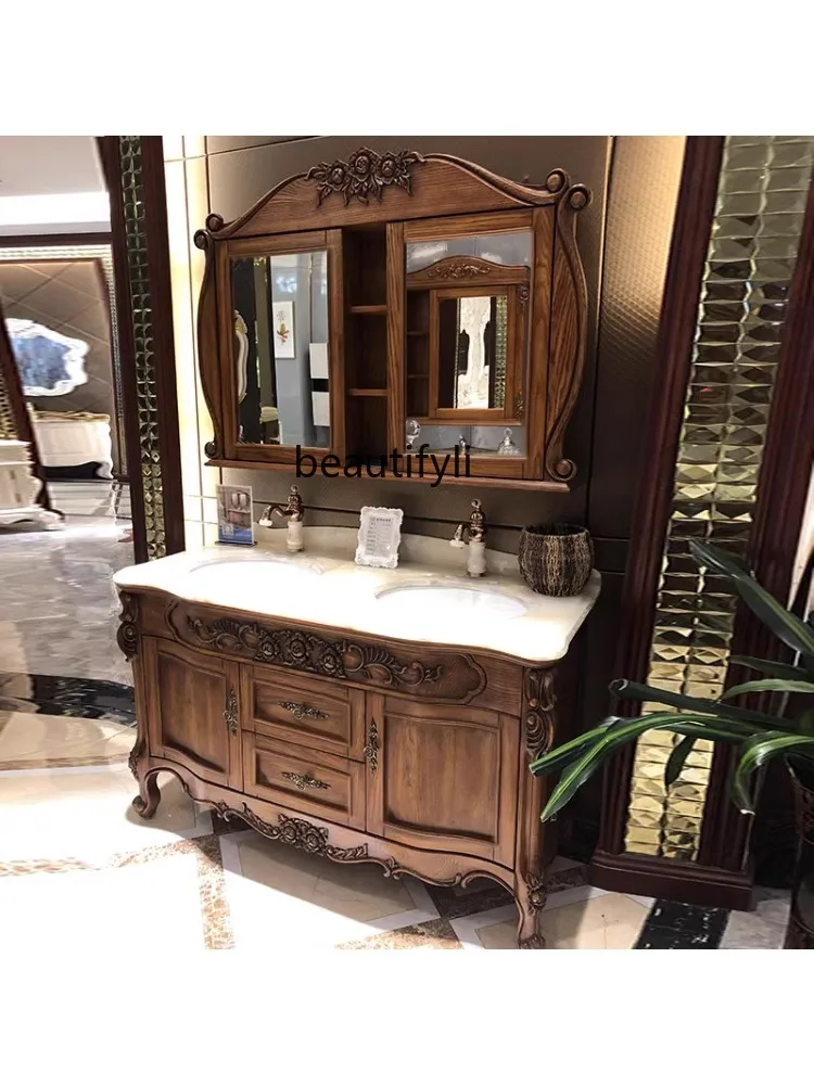 European red oak double basin bathroom cabinet solid wood antique bathroom cabinet bathroom marble washstand hand basin