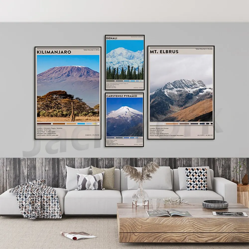 Póster de viaje minimalista con estampado de los siete invocidos Mt Everest Mt Elbrus Kilimanjaro Vinson Massif Aconcagua para decoración del hogar
