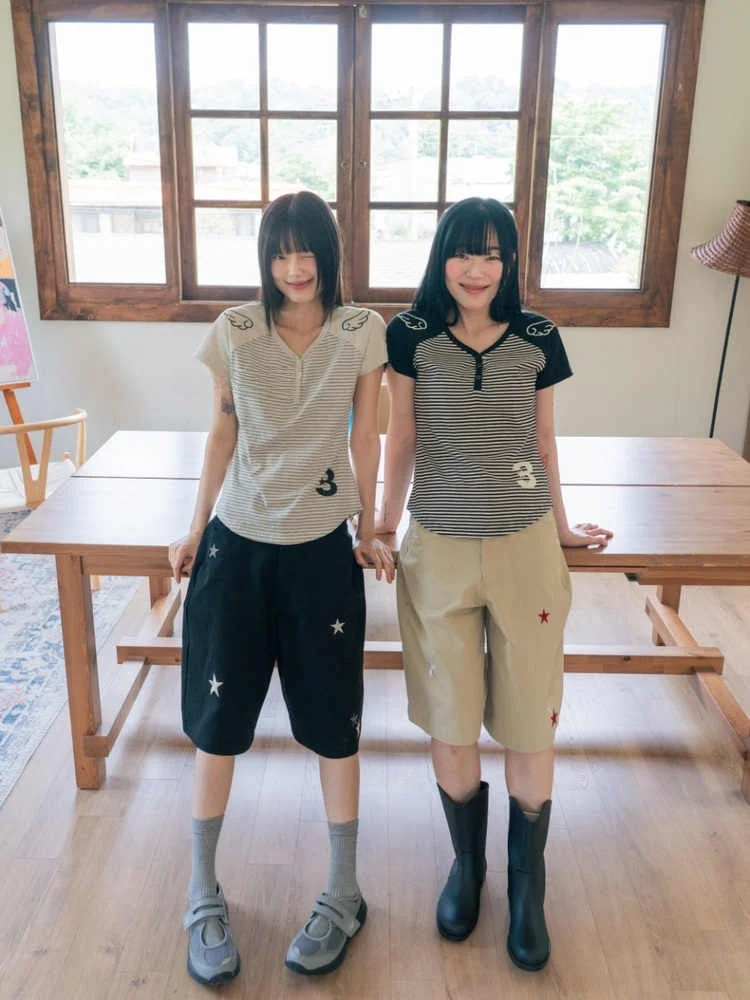 Pantaloni coreani Sle Streetwear con ricamo a stella neutra Pantaloni a gamba larga Casual Spor Pantaloni a cinque quarti da donna