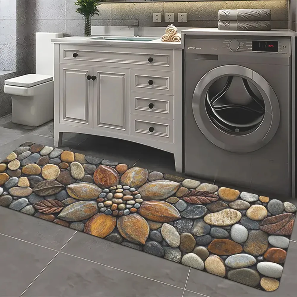 Pebble Floral Print Kitchen Mat Soft Flannel Washable Floor Runner for Bathroom Kitchen Entryway Coastal Themed Home Decor