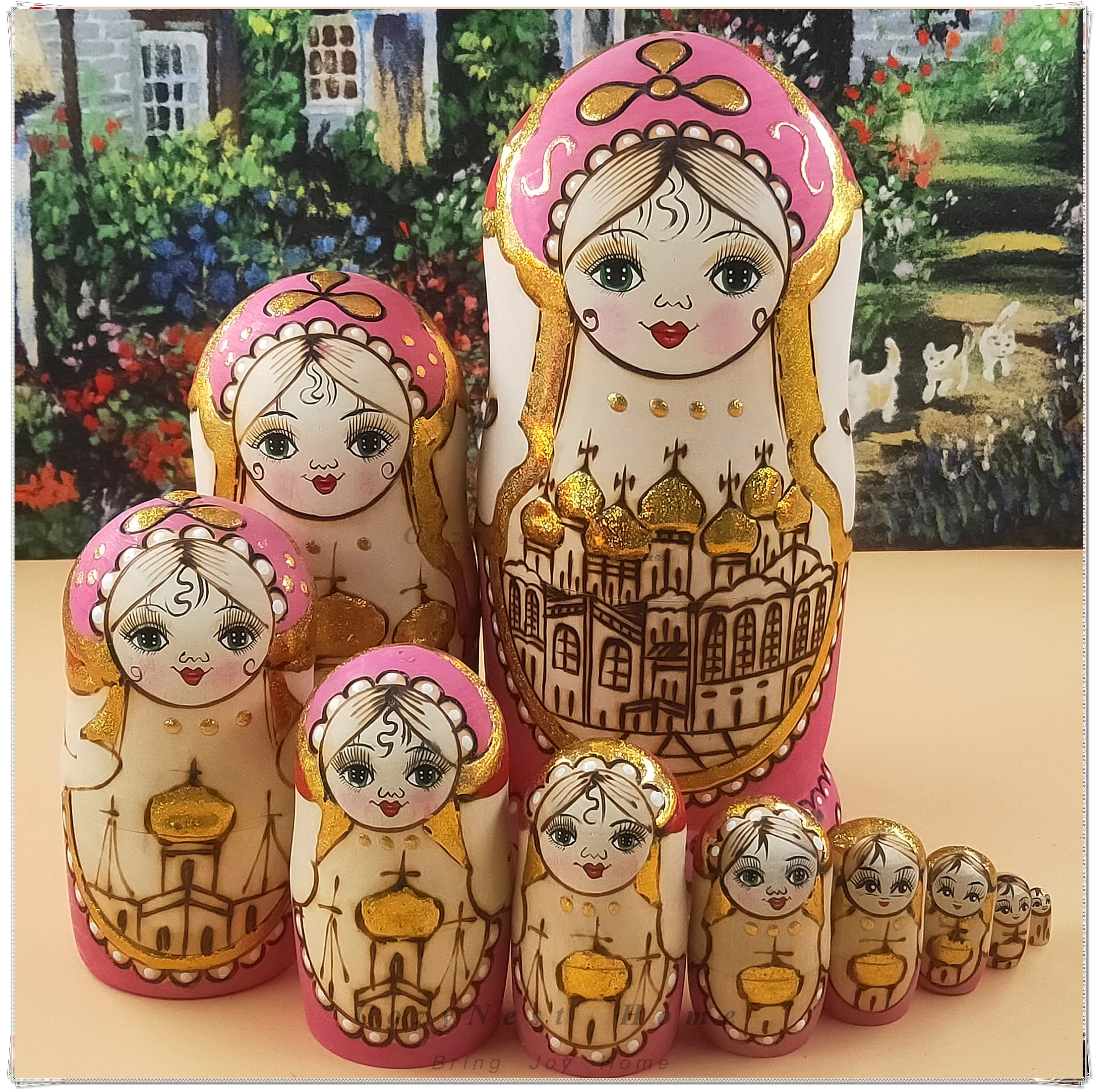 Bronzing process 10 layers hand-painted matryoshka castle dry linden no formaldehyde smell