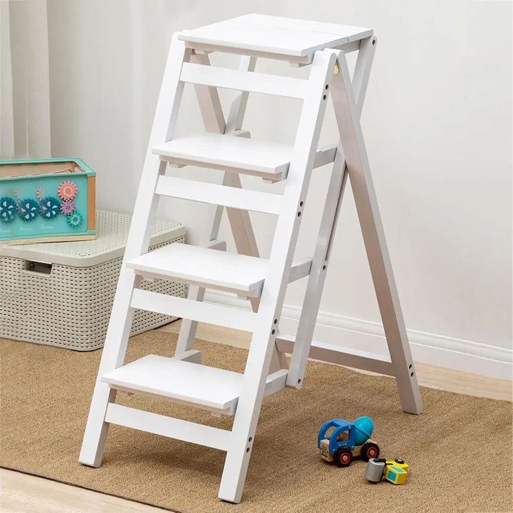 

Portable 2-4 Step Solid Wood Step Stool, Multifunctional White Wooden Ladder for Home and Kitchen, 4-Tier Storage.