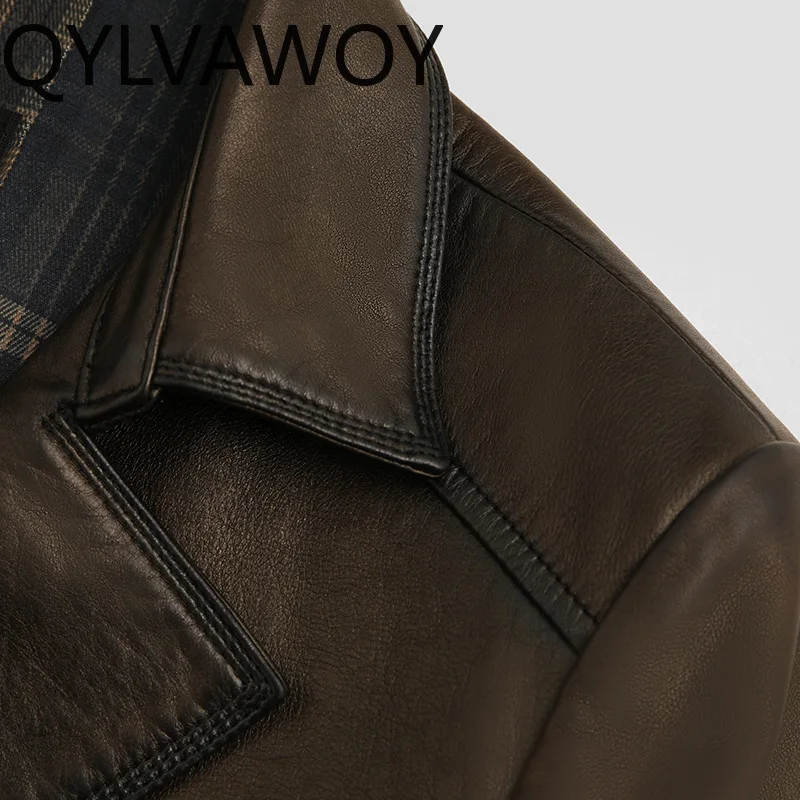 QYLVAWOY chaqueta de cuero genuino, ropa para hombre, abrigo de cuero para hombre, cera de aceite, piel de oveja, cortavientos de longitud media, prendas de vestir exteriores, lederjacke