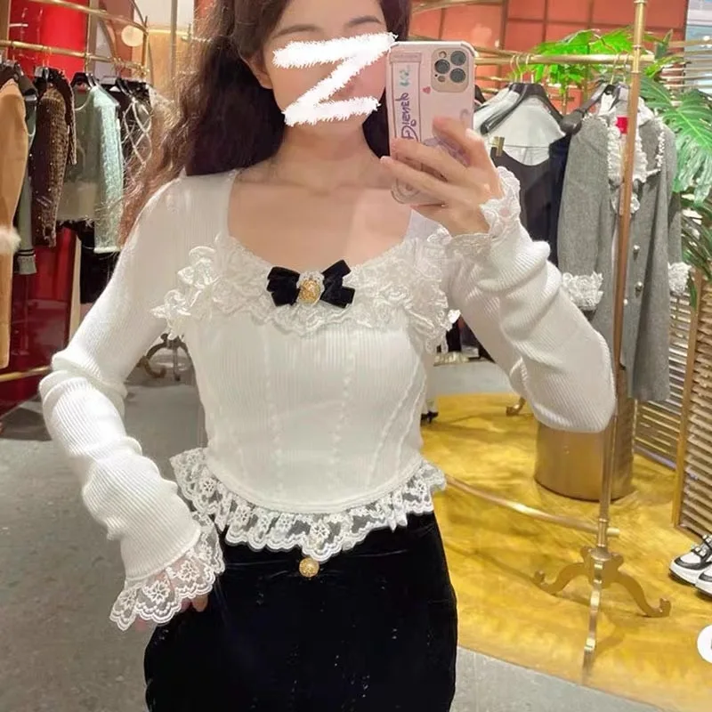 

Lace Patchwork Square Neck Sexy Bow Long Sleeve Slim Knitwear Pullovers 2023 Autumn Elastic Brown White Black Winter Sweater