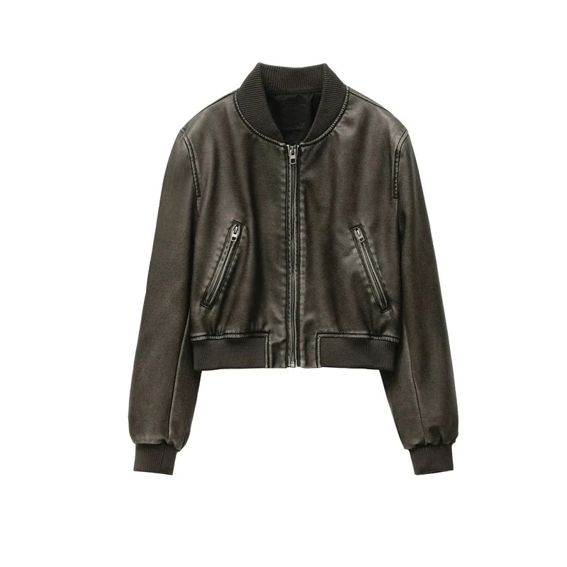 2025  Women's  new vintage imitation leather bomber jacket coat top women's style