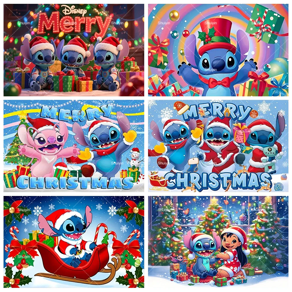 

Cartoon Lilo&Stitch Christmas Theme Backdrop Winter Xmas Party Decoration Banner Photography Background Wall Decor Kids Gifts