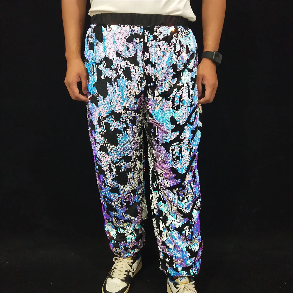 Men Sequins Pants Nightclub Bar Rock Singer Dancer Shiny Loose Casual Trousers Party Show Stage Team Hip Hop Jazz Dance Costume