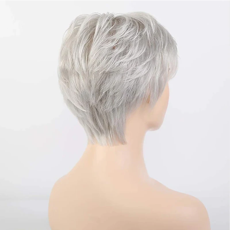 HAIRJOY Short Grey Wigs for White Women Mixed Gray Silver Curly  Wigs with Bangs Grandma Synthetic Short Hair Wigs