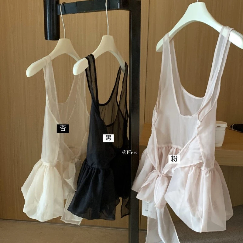 2025 Summer Backless Top Women Mesh Sheer Bow Tied Overlap Sleeveless Shirt Korean Fashion Sweet Bud Camis Vest