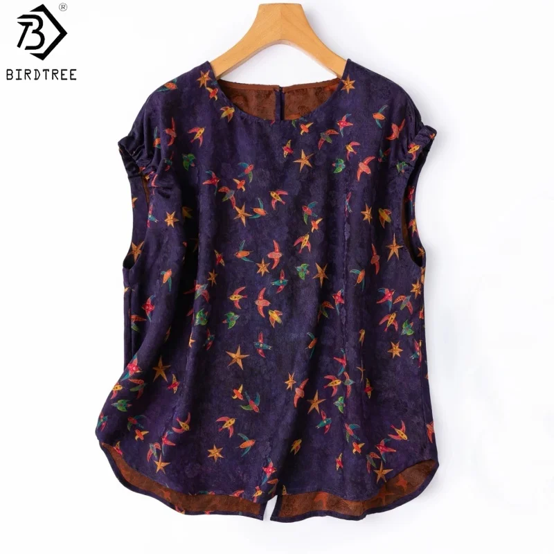 Birdtree, 100% Silk Print Tshirt, O-neck Raglan Sleeves Tops, Rear Slit, Women's Jacquard Xiangyunsha Shirt, 2026 New T67018JF