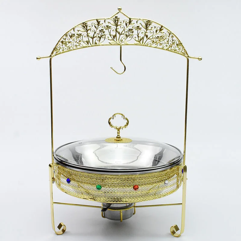 

Stainless Steel Buffet Stove Golden Lace Alcohol Stove Round Hanging Cover Restaurant Hotel Restaurant Buffet Stove
