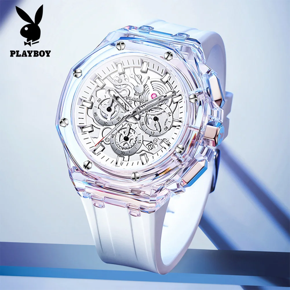 PLAYBOY 3032 Luxury Watches Man Automatic Mechanical Watch Waterproof Business Casual Date Watches For Man Transparent Case