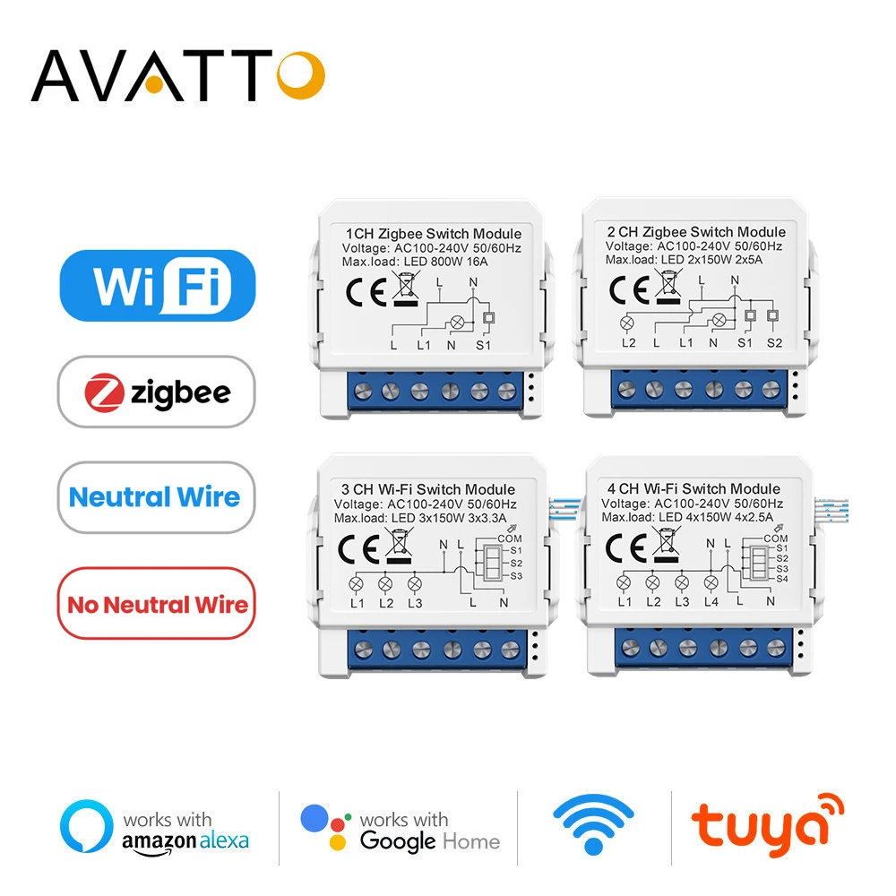 AVATTO Tuya WiFi Zigbee Smart Light Switch Module,No Neutral Wire 2 Ways Control Mini DIY Breaker Work for Alexa, google home