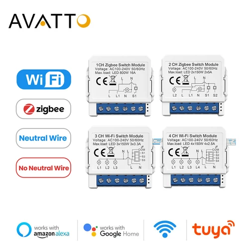 AVATTO Tuya WiFi Zigbee módulo de interruptor de luz inteligente, sin cable neutro Control de 2 vías Mini interruptor DIY funciona para Alexa, google home