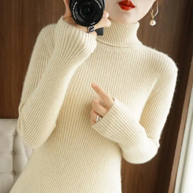 

Women's Turtleneck Sweater Winter 2024 Retro Red with Velvet Lining Thickened Inner Wear Thermal Knitting Bottoming Shirt LX54