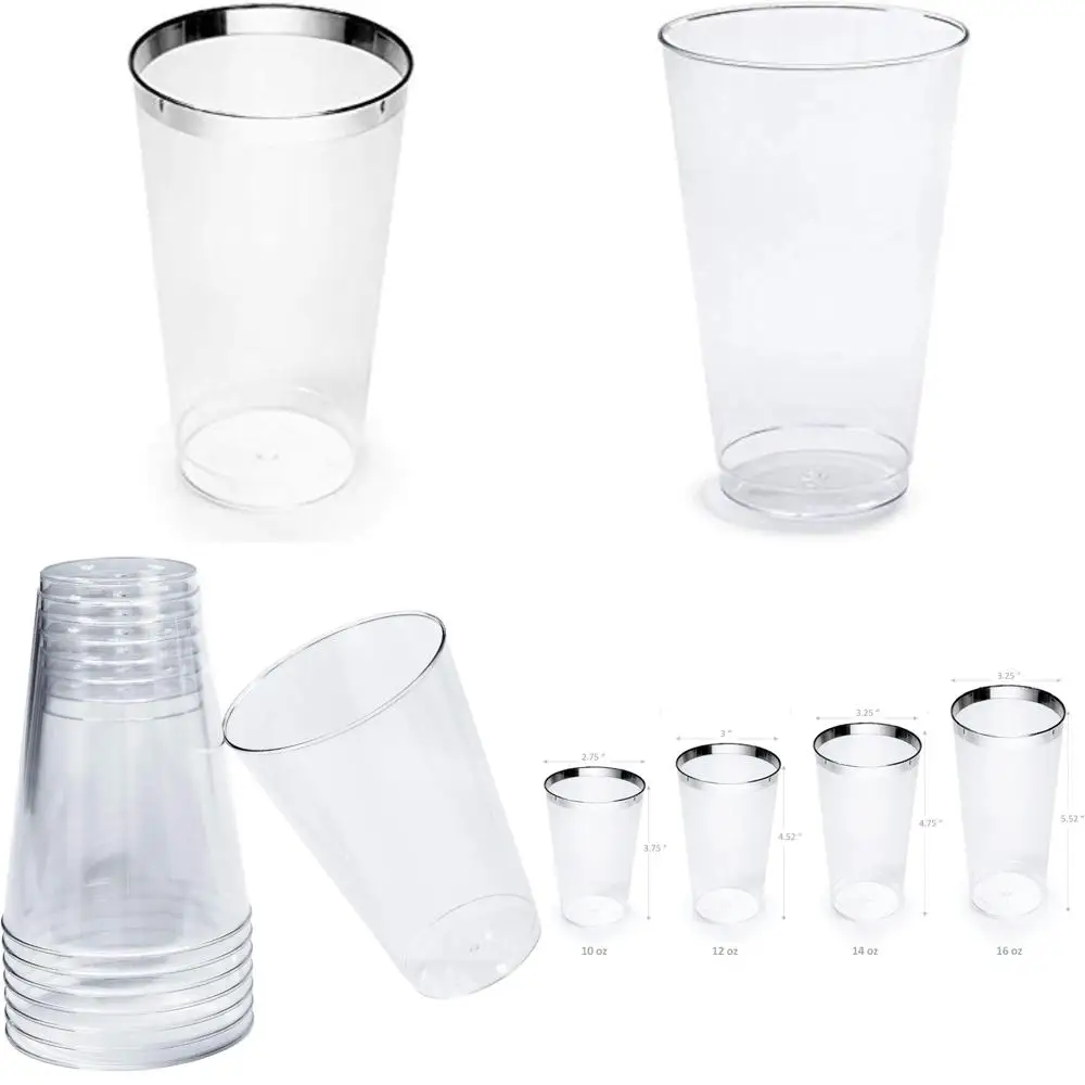

Disposable Plastic Tumblers for Weddings and Parties - 200 Clear Cups with Silver Rim, 14 Oz Capacity