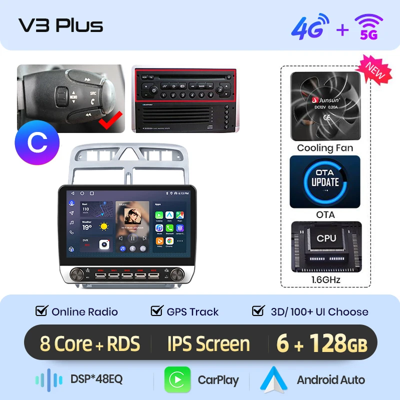 Junsun 10.1 "Draadloze Carplay AndroidAuto Autoradio voor Peugeot 307CC 307SW 2002-2013 radio met knoppen Bluetooth GPS 4G DSP