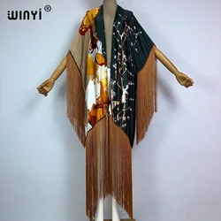 WINYI-Kimono imprimé à pompons pour femme, robe maxi, cardigan de vacances, manches longues, couverture de bikini, mode élégante, sexy, été