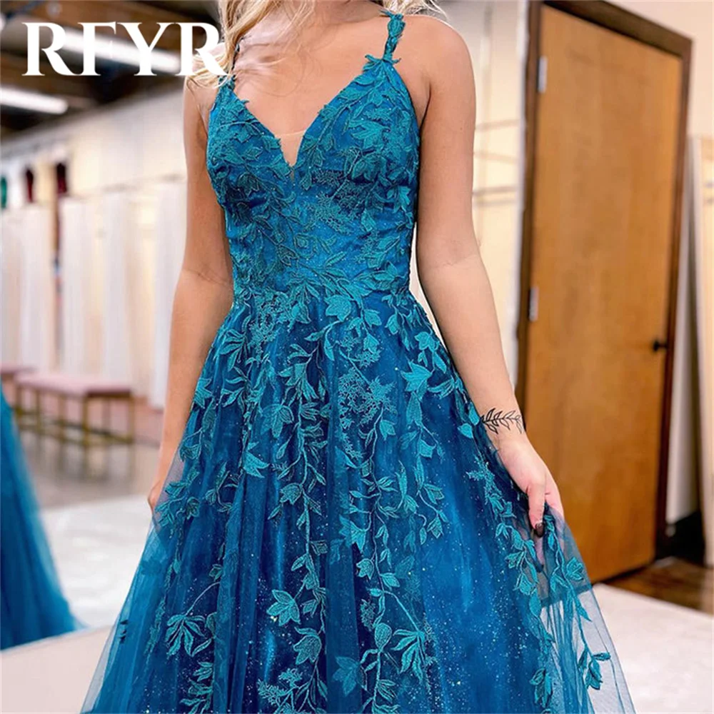 RFYR Navy Blue Prom Dress Scoop Appliques Evening Party Dress A-Line Floor Length Elegant Sleeveless Tulle Party Gown Customized