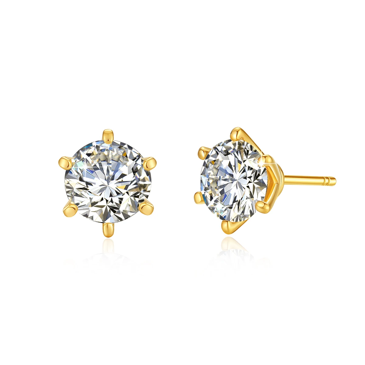 18K Yellow Gold Round 0.3ct/0.5ct/1ct/2ct Moissanite Stud Earrings for Women Brilliant D VVS1 Solitaire 6Prong