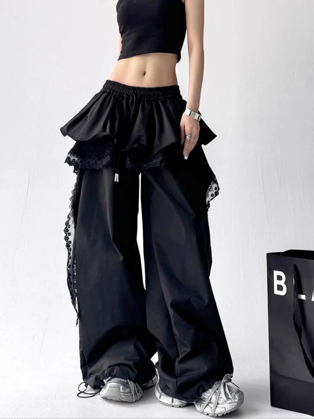 Black Cargo Pants Women Streetwear Lace Patchwork White Wide Leg Pant Autumn Gyaru Harajuku Korean Baggy Trousers New Cake Skirt