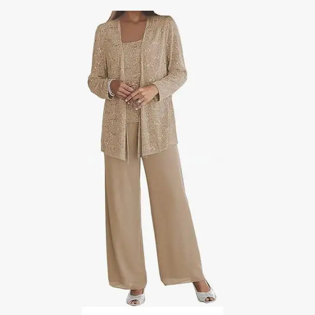 Formal Mother 3 Pieces Sequin Chiffon Pantsuit Long Sleeve Cardigan Wide Leg Trousers Outfit For Wedding Guest Banquet Ceremony