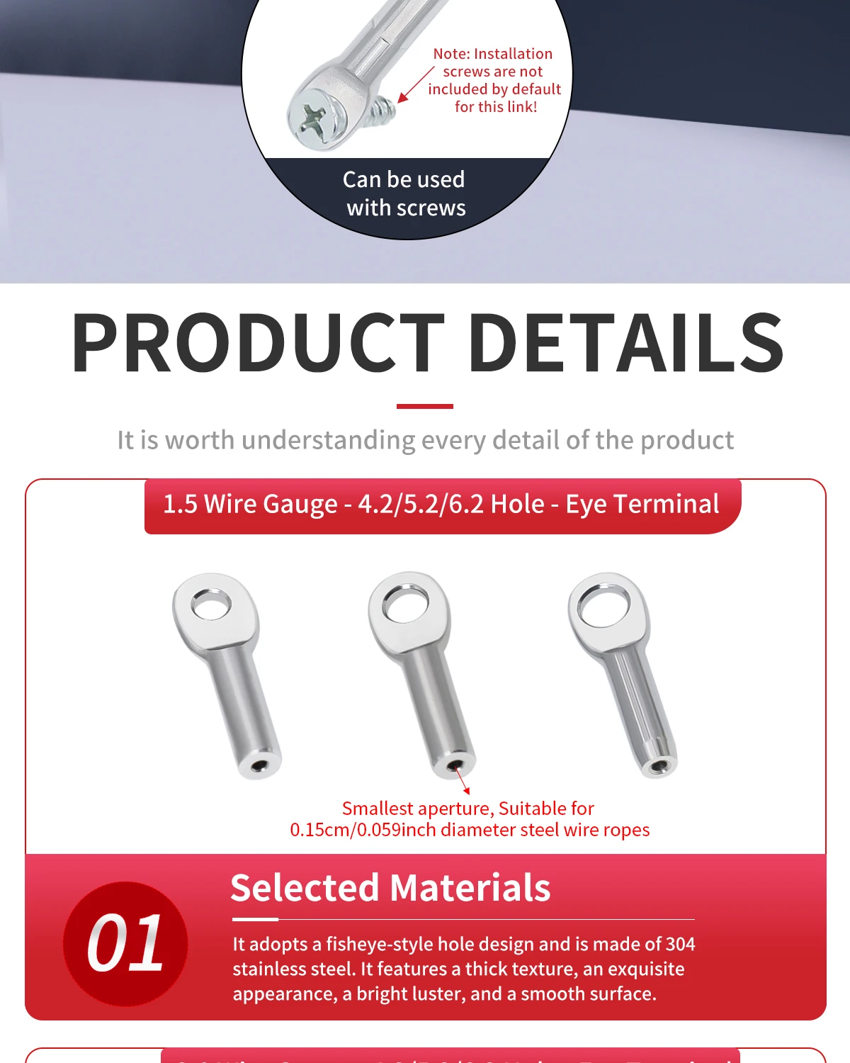 1,5-6mm 304 Edelstahl Ösen-Klemmclip, Drahtseil-Verbindungsclip, M4/M5/M6/M8/M10 Klemmterminal – Detail 6