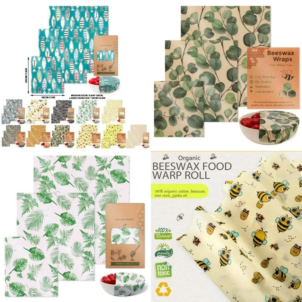 

E8BD Sturdy Beeswaxs Wraps 3 Pieces Set Reusable Natural Cotton Storage