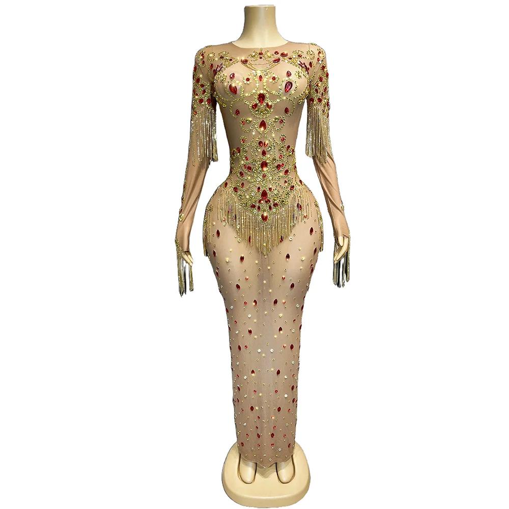 Sexy Gold Red Rhinestones Crystals Chains Fringes Dress Graduation Celebrate Long Sleeves Singer Fashion Outfit