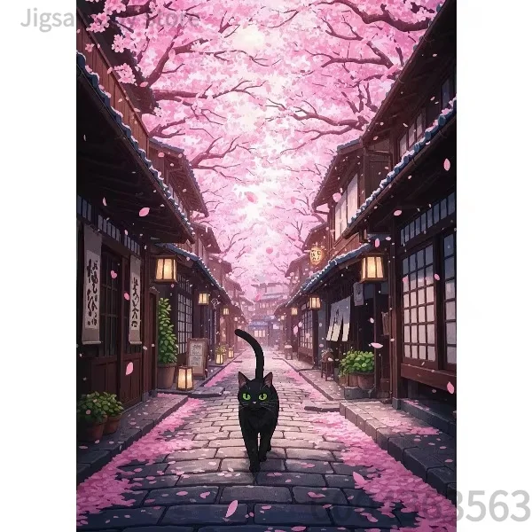 Black Cat Japanese Sakura Scenery Paper Puzzle,Torii Gate,Fuji Mountain,Vintage Village Art,500 1000 1200 2000 Pieces Home Decor