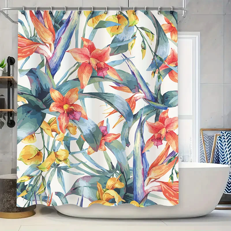 Bright Tropical Floral Shower Curtain Set Modern Bathroom Decor with Blue Green Red Yellow Flowers Size: 72x84 inches for Bath K
