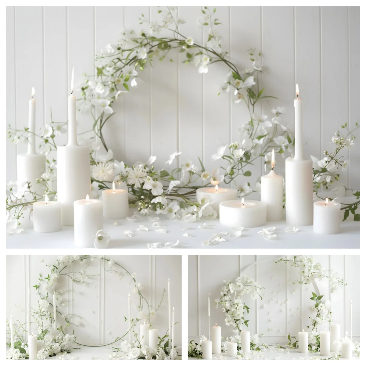 White Floras Circle Arch Candles Backdrops Photography Baby Kids Portrait Adults Birthday Party Wedding Bridal Shower Background