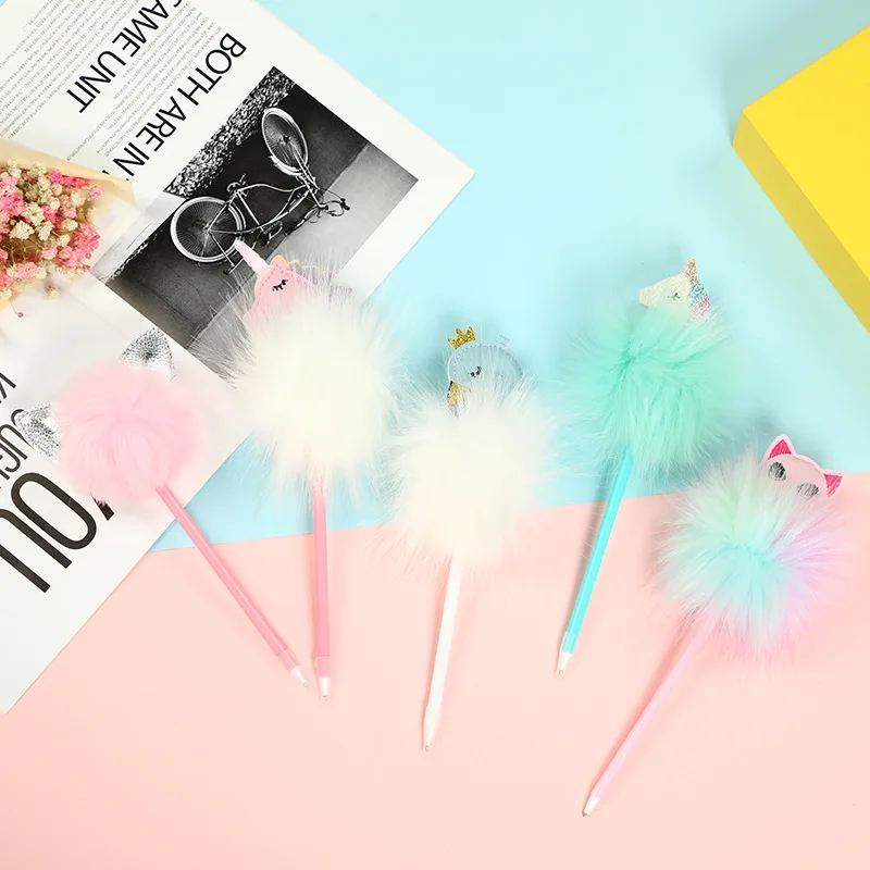 16PCS The manufacturer directly supplies Korean version of cute cartoon animal fur ball pen, student creative craft gift pen