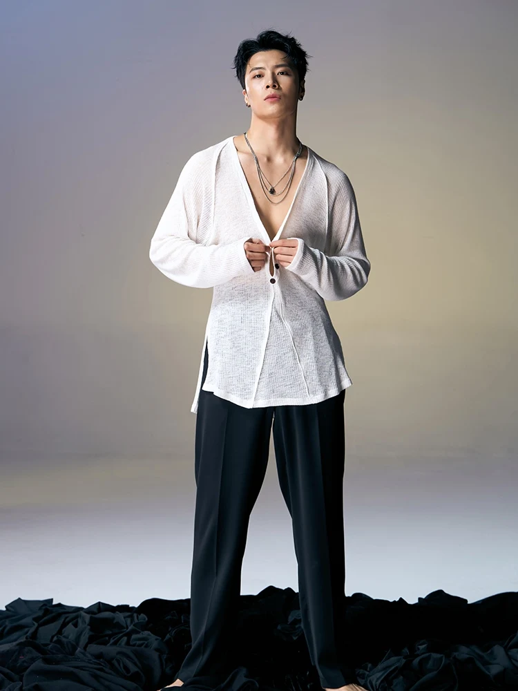 

Sexy V-Neck Loose Shirts Latin Dance Tops For Men Chacha Rumba Tango Adult Male Latin Dance Performance Stage Clothes DQS16803