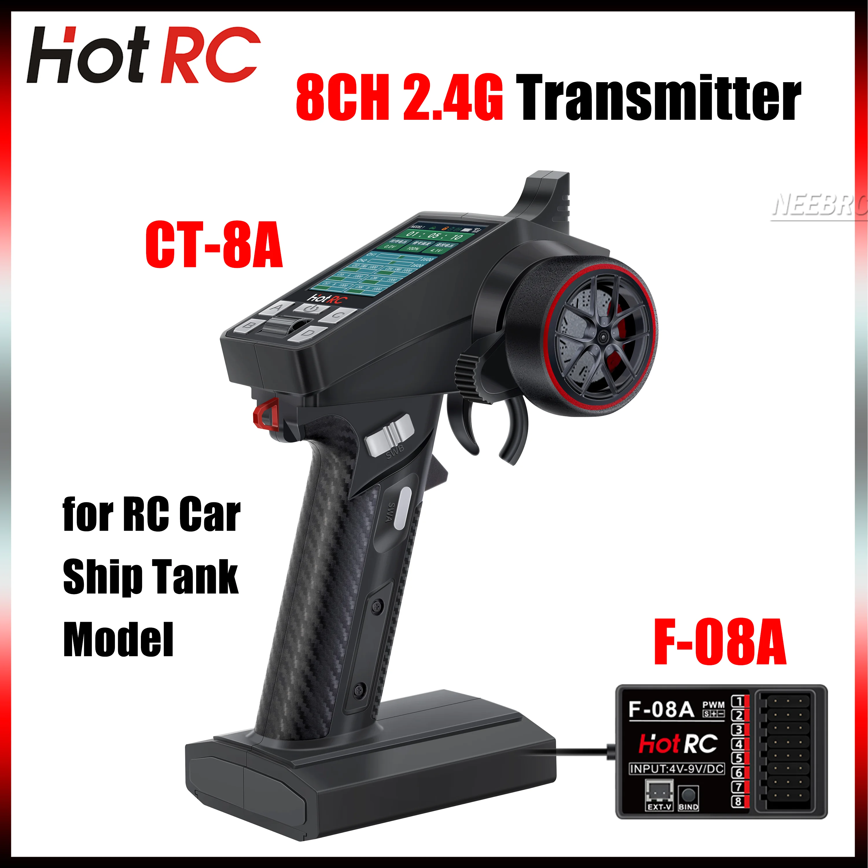

HotRC CT-8A 2,4G 8CH 2,4-дюймовый TFT цветной экран радиосистемы передатчик дистанционного управления W F-08A/F-08AT приемник для радиоуправляемого автомобиля
