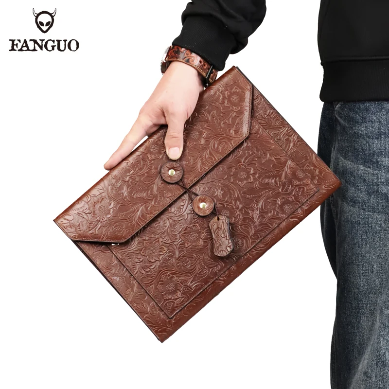 

Thick Genuine Leather Document Bag A4 Men briefcase Portfolio Brown Clutch Purse Envelope Bags for ipad Vintage