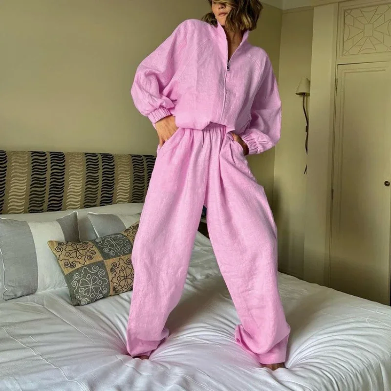 

Women's Fashion Cotton and Linen Suit Spring New Stand-up Collar Long-sleeved Top Elastic Waist Trousers Casual Two-piece Set