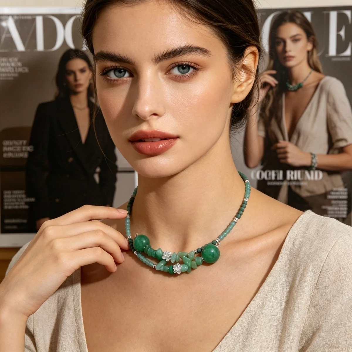 Vintage Ethnische Grüne Naturstein-Halskette mit Unregelmäßigen Perlen für Frauen und Männer, Chinesischer Stil, Silberfarbener Lotusblumen-Choker Schmuck – Detail 13